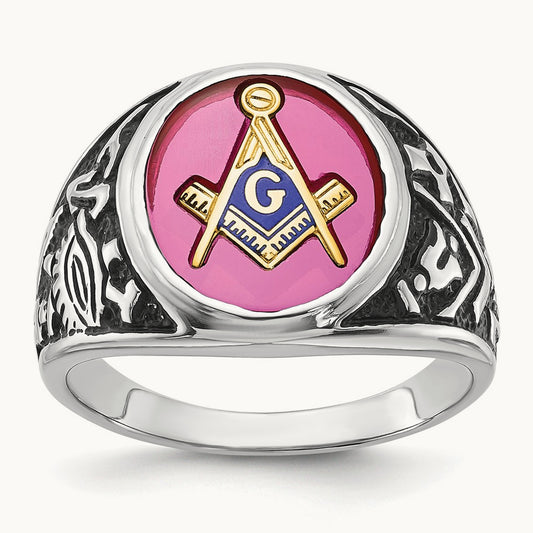 Men's Antiqued & Textured with Lab Created Ruby Masonic Ring — 14K White Gold