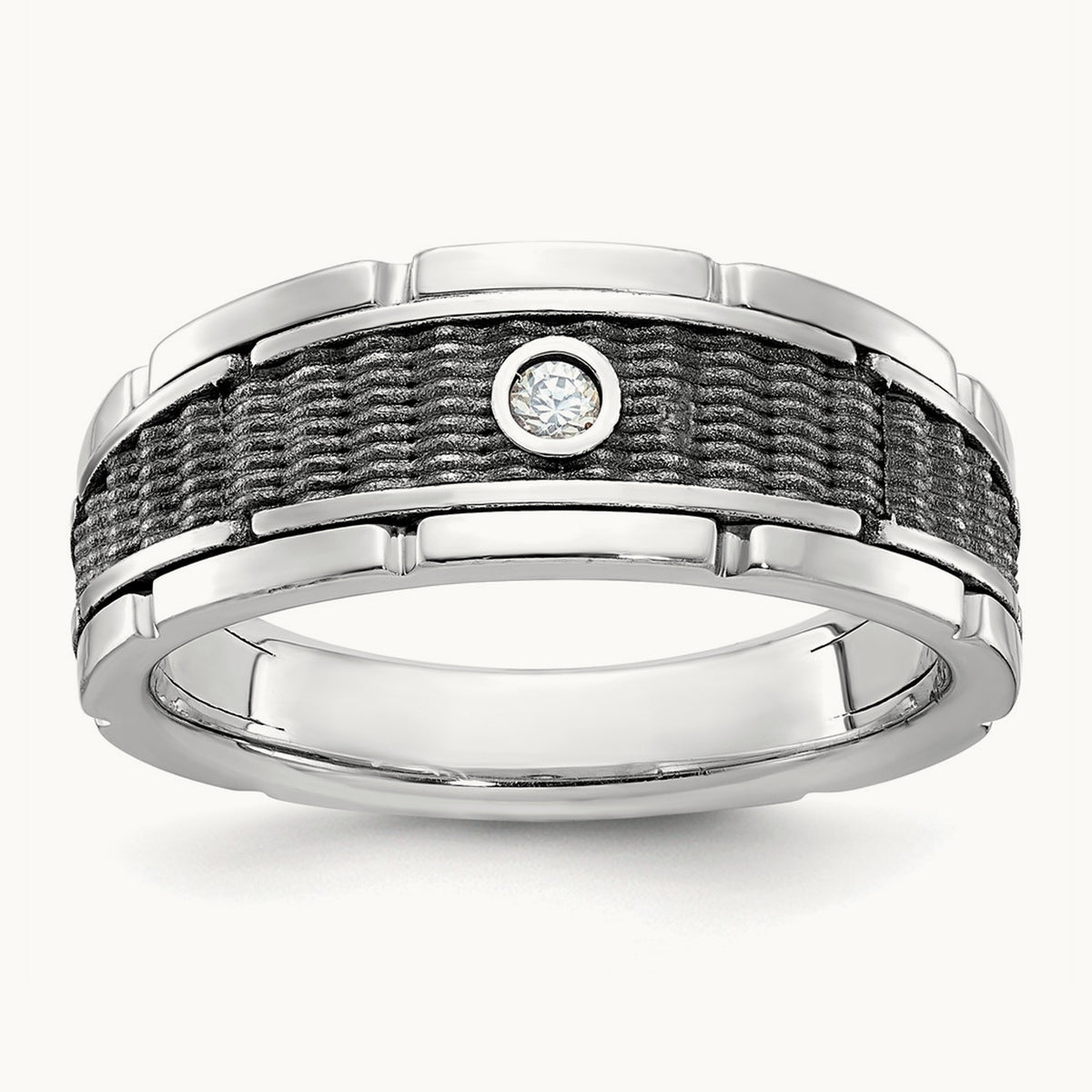 w/ Blk RH IBGoodman Men's Polished & Textured Diamond Ring, 14K White Gold