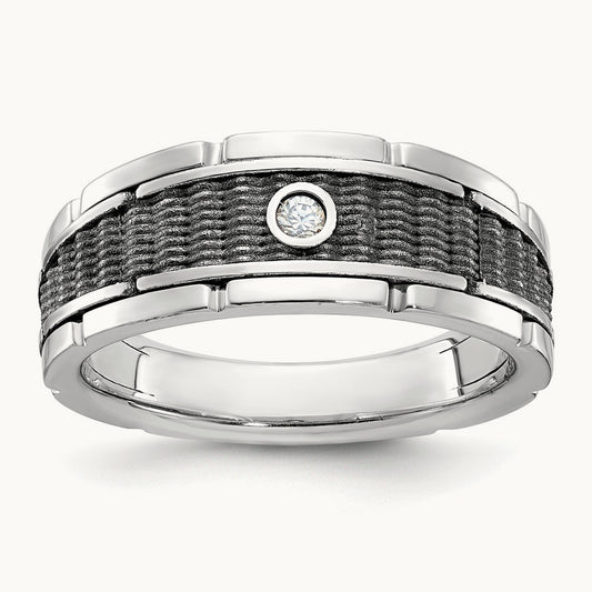 w/ Blk RH IBGoodman Men's Polished & Textured Diamond Ring, 14K White Gold