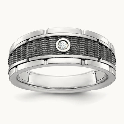 w/ Blk RH IBGoodman Men's Polished & Textured Diamond Ring, 14K White Gold