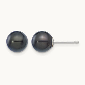 7- Round Black Saltwater Akoya Cultured Pearl Earrings, 8mm, 14K White Gold