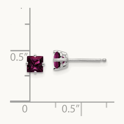 Princess Cut Rhodolite Garnet Earrings, 4mm, 14K White Gold