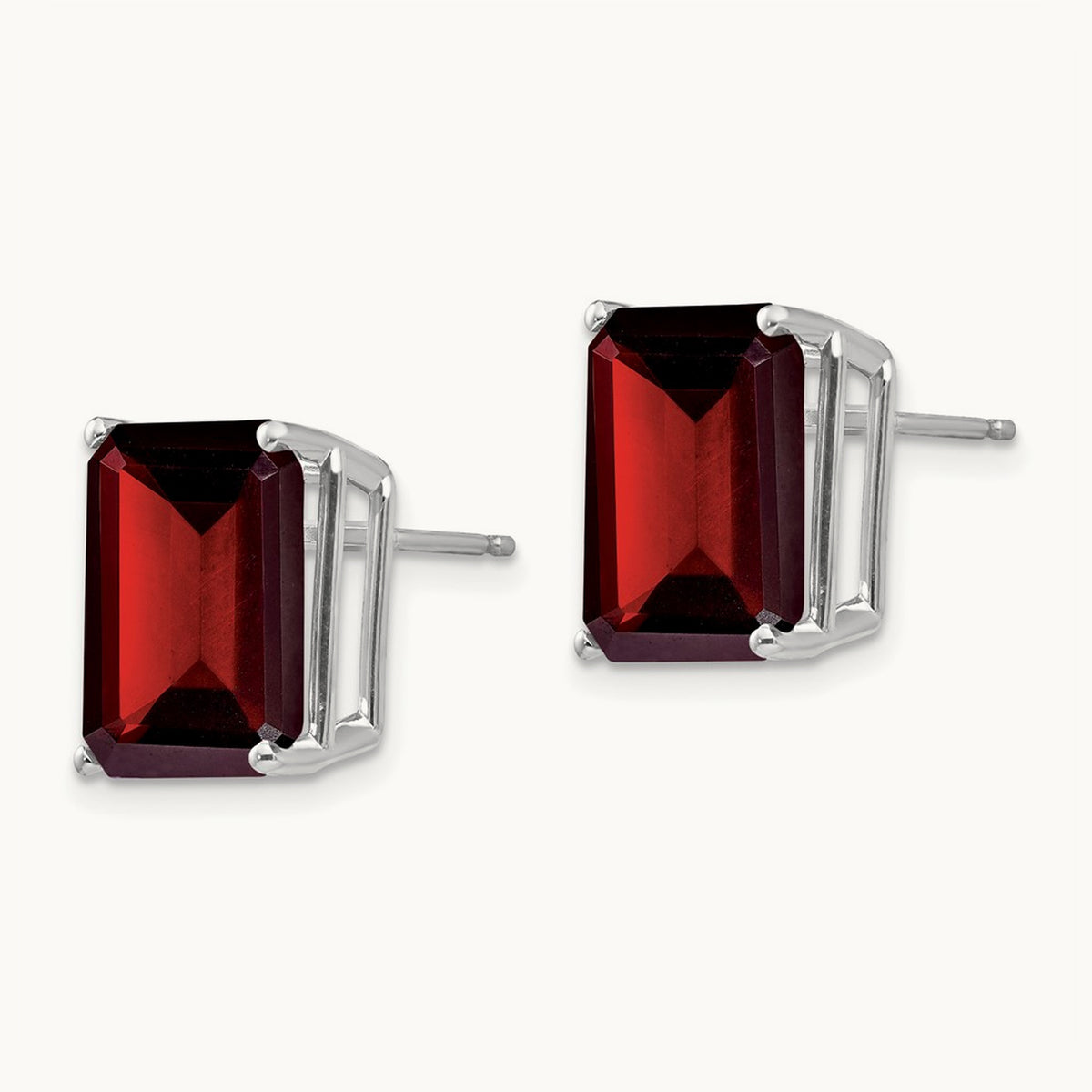 Emerald Cut Garnet Stud Earrings, 14K White Gold