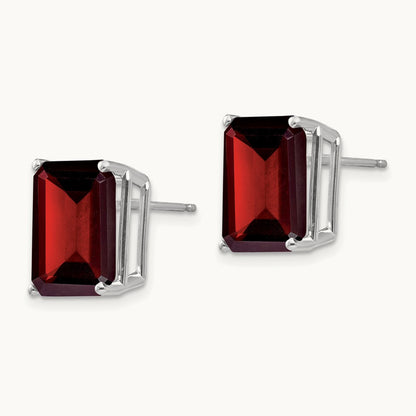 Emerald Cut Garnet Stud Earrings, 14K White Gold