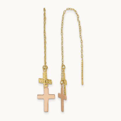 & Rose D/C Polished Crosses Threader Earrings, 14K Yellow