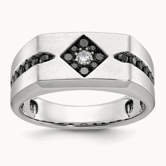 IBGoodman Men's Satin Black White Diamond Complete Ring, 14K White Gold
