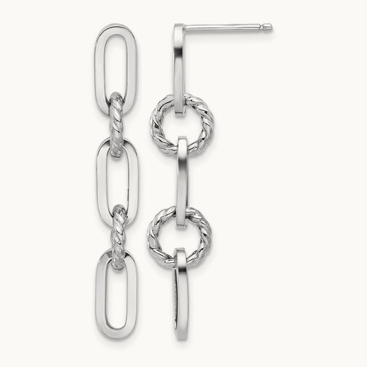 Polish and Twisted Chain Link Dangle Post Earrings — 14K White Gold