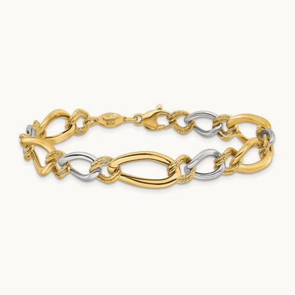 Polished & Textured Fancy Oval Curb Bracelet, 14K Two-tone