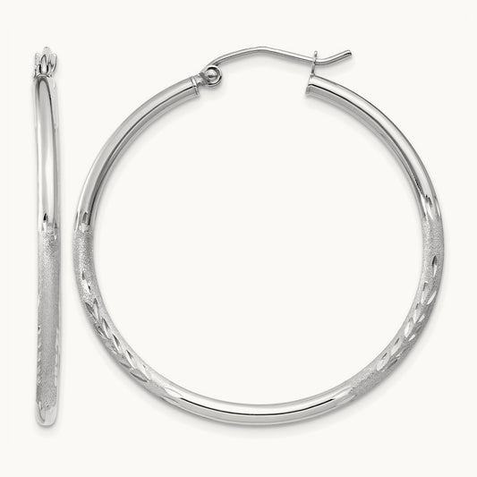 Satin and Diamond-cut Round Hoop Earrings — 14K White Gold, 35mm, 2mm