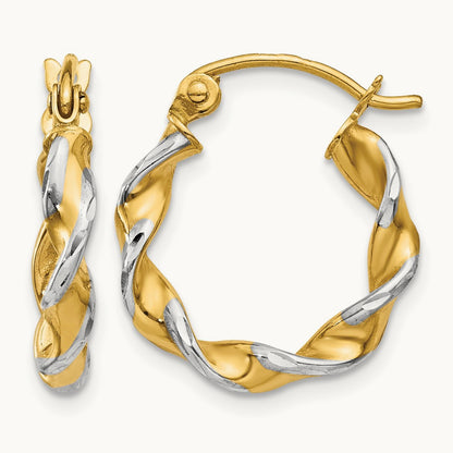 w/ White Rhodium Polished Fancy Twisted Hoop Earrings, 2.75mm, 14K