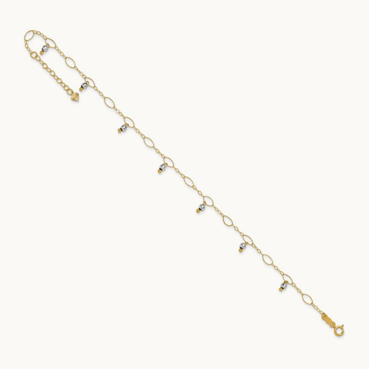 Mirror Beaded 9in Plus 1in ext. Anklet, 14K Two-tone