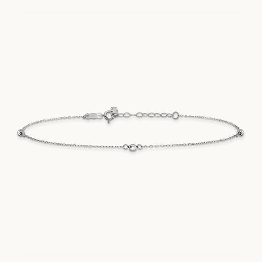 Mirror Beaded 9in Plus 1in ext. Anklet, 14K White Gold