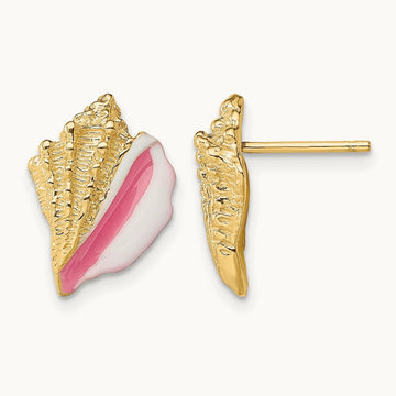 Conch Shell Post Earrings with Pink Enamel — 13.9mm