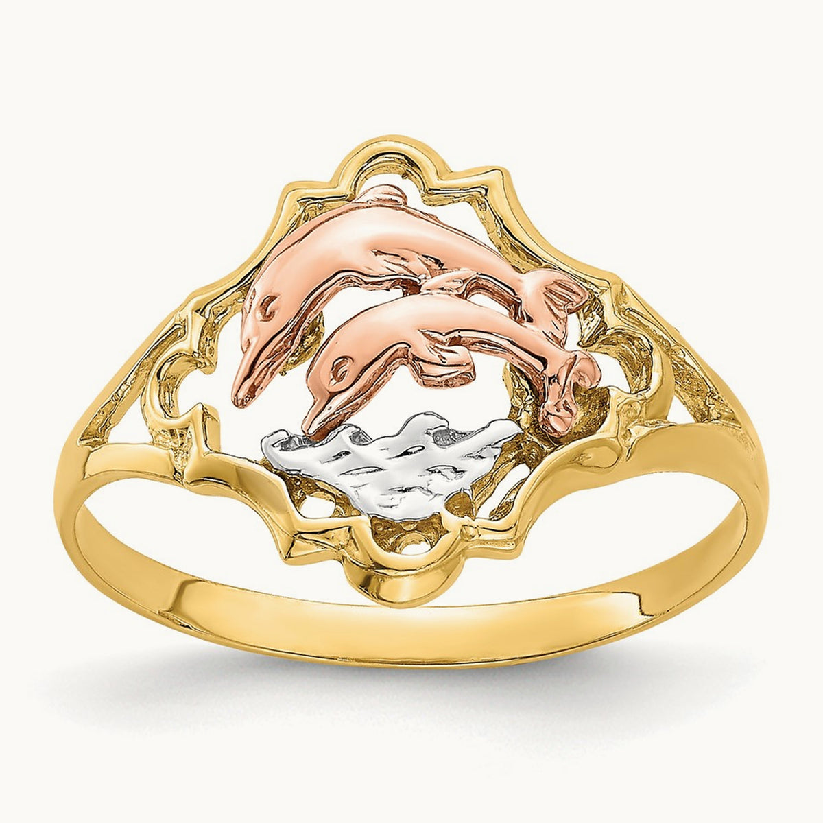 W/Rhodium Double Dolphin Ring, 14K Yellow with Rose Gold