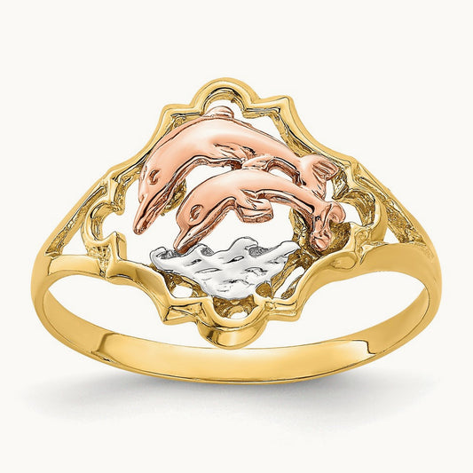 W/Rhodium Double Dolphin Ring, 14K Yellow with Rose Gold
