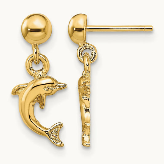 Mini Jumping Dolphin Dangle Earrings, 14K
