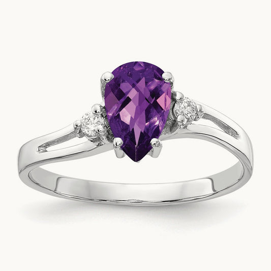 7x5mm Pear Amethyst Checker AA Diamond ring, 14K White Gold
