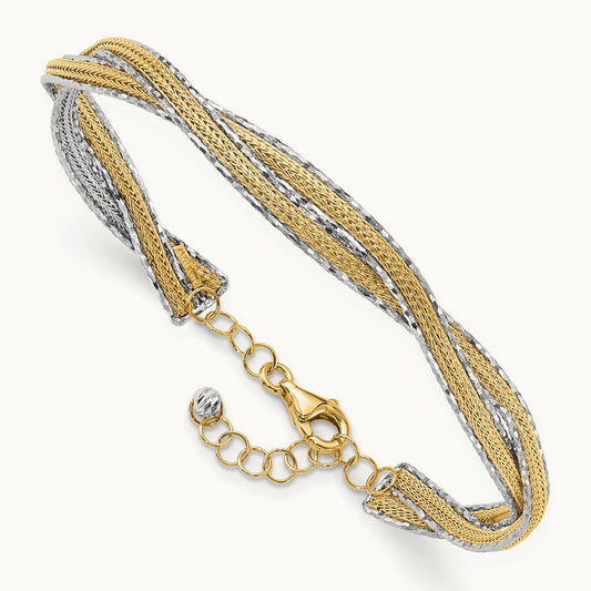 Dia-cut and Textured Braided with Safety Chain Bangle, 14K Two-tone