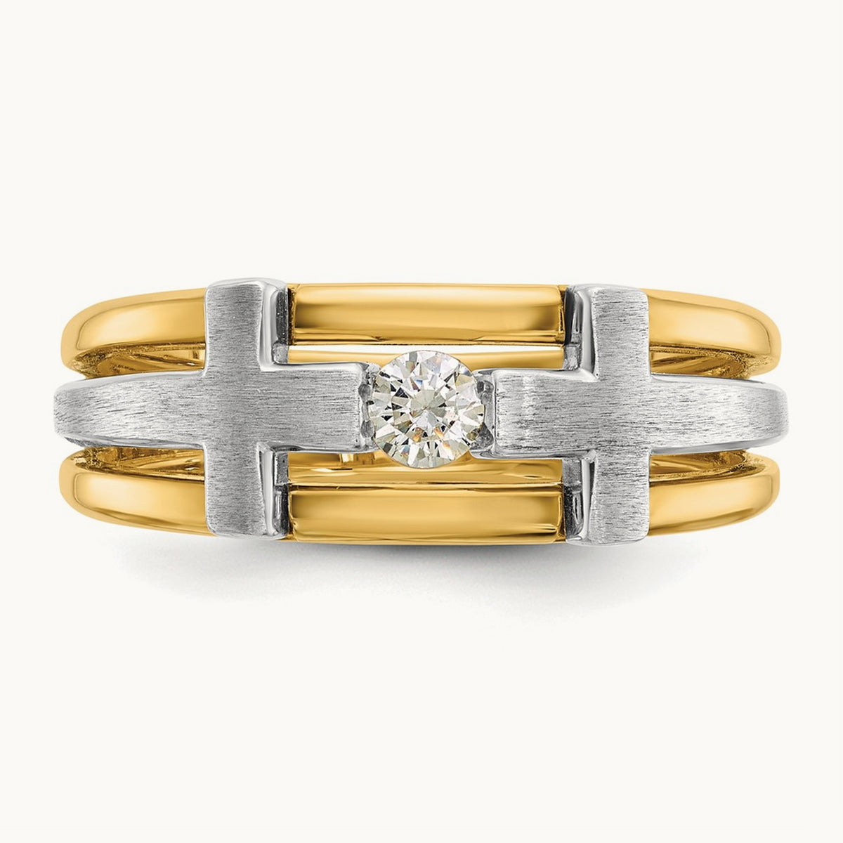IBGoodman Men's Polished Satin & Cut-Out Dia Cross Ring, 14K Two-tone