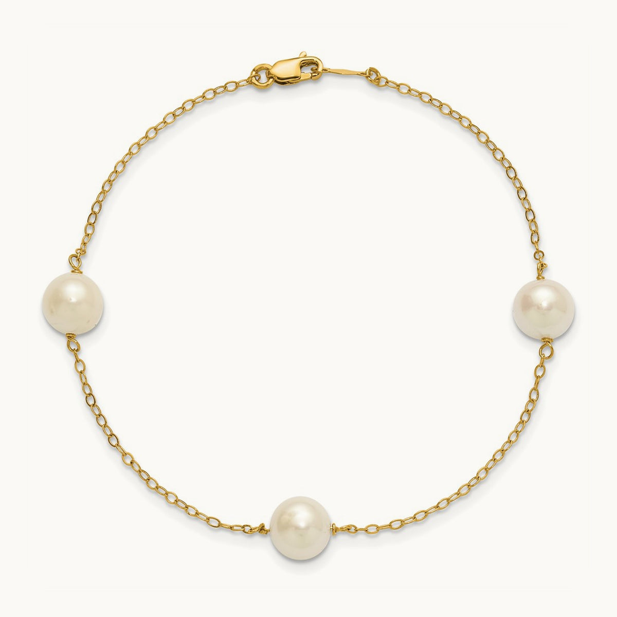 7- White Near Round Freshwater Cultured Pearl 3-station Bracelet, 8mm, 14K