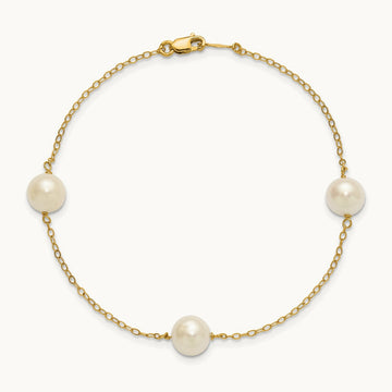 7- White Near Round Freshwater Cultured Pearl 3-station Bracelet, 8mm, 14K