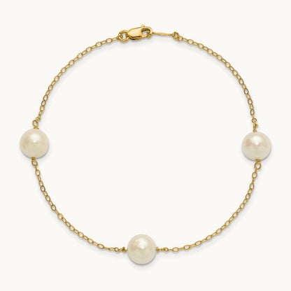7- White Near Round Freshwater Cultured Pearl 3-station Bracelet, 8mm, 14K