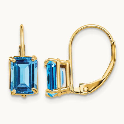 7x5mm Emerald Cut Blue Topaz Leverback Earrings, 14K