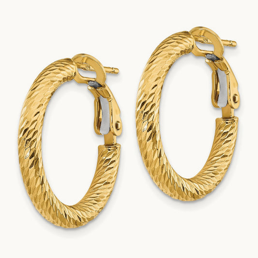 3x21mm Polished Diamond-cut Round Omega Back Hoop Earrings, 14K