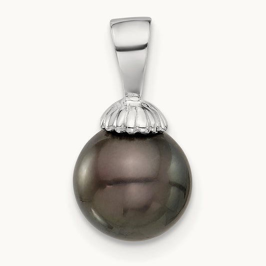 8- Round Black Tahitian Pearl Pendant, 9mm, 14K White Gold