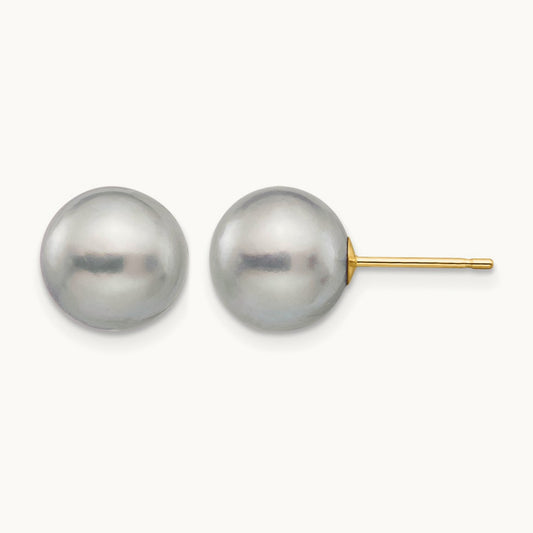 9- Grey Round Freshwater Cultured Pearl Stud Post Earrings, 10mm, 14K