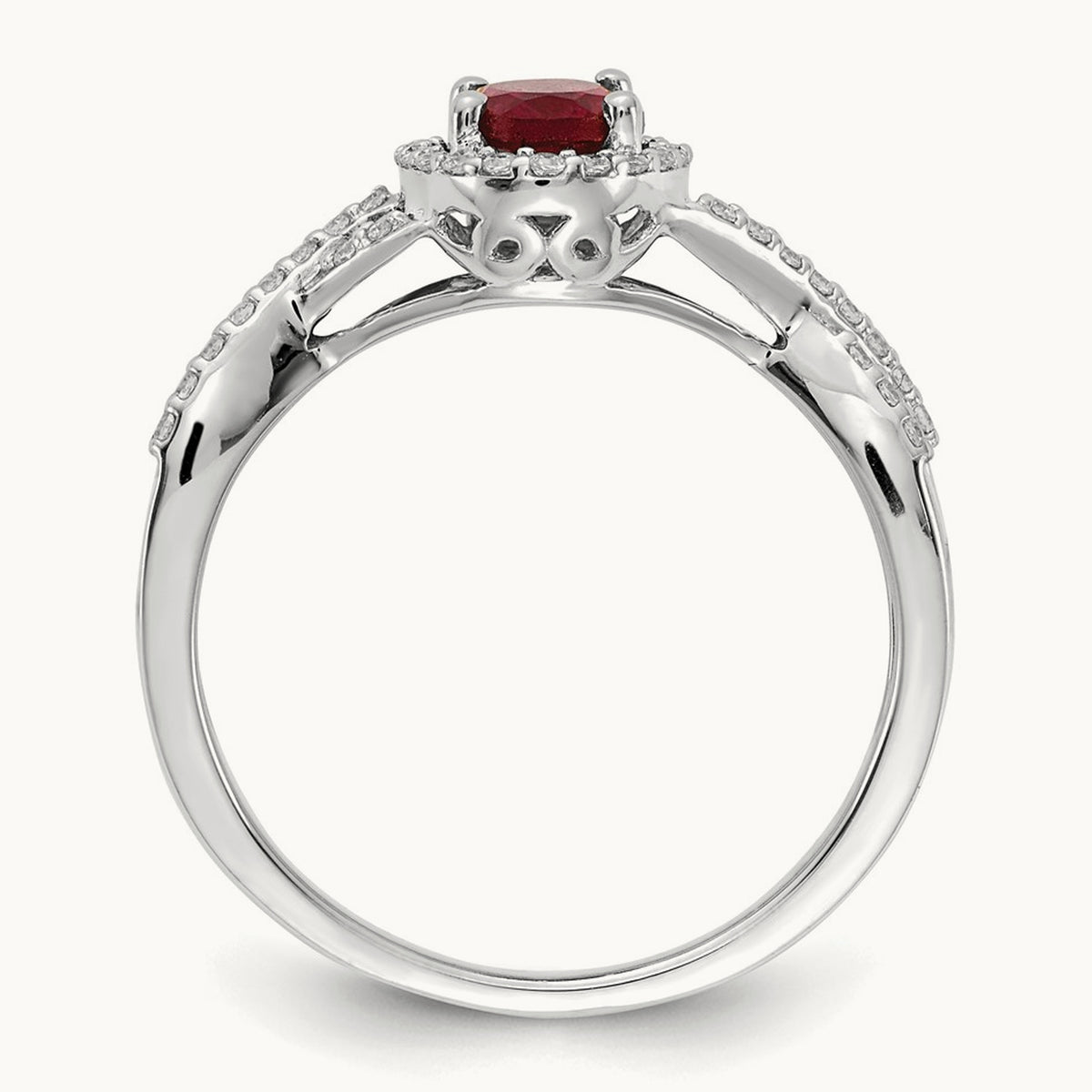 Diamond and Ruby Oval Halo Ring — 14K White Gold