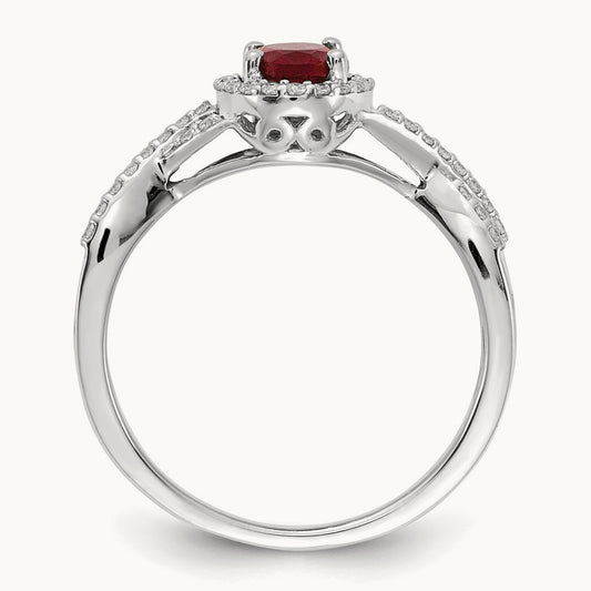Diamond and Ruby Oval Halo Ring — 14K White Gold