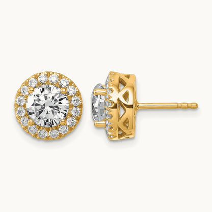 Round Halo Post Earrings, 2.50 ct tw Lab-Grown Diamond — 14K Yellow Gold