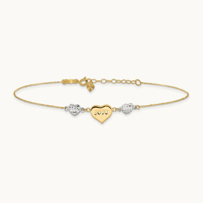 Diamond-cut Puffed Heart LOVE 10in Plus 1in ext. Anklet, 14K Two-tone