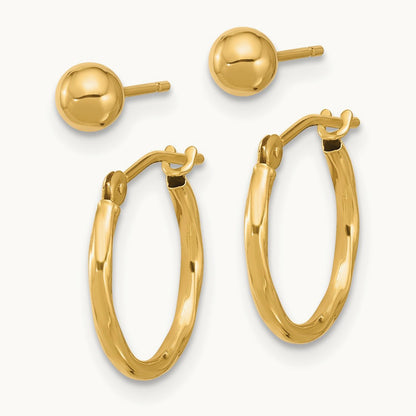 Polished Ball and Twisted Hoop Earring Set, 4mm, 14K