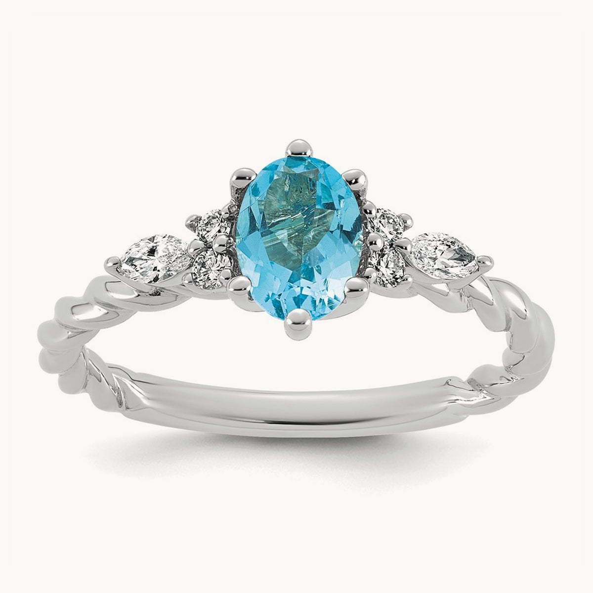 Polished Diamond and Blue Topaz Twisted Ring — 14K White Gold