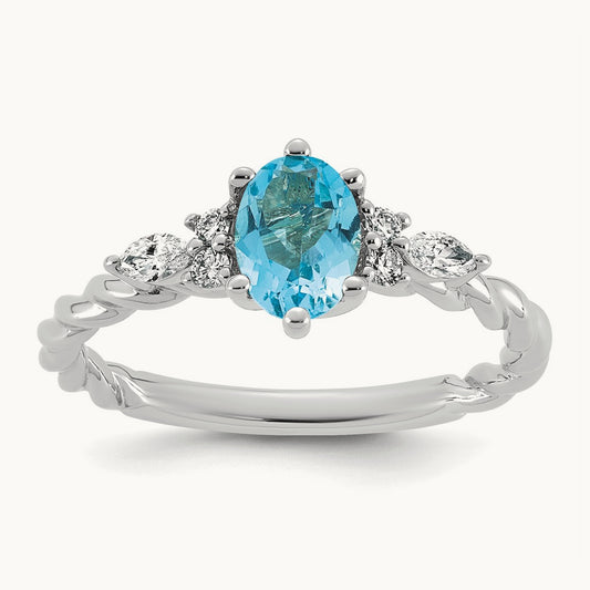 Polished Diamond and Blue Topaz Twisted Ring — 14K White Gold