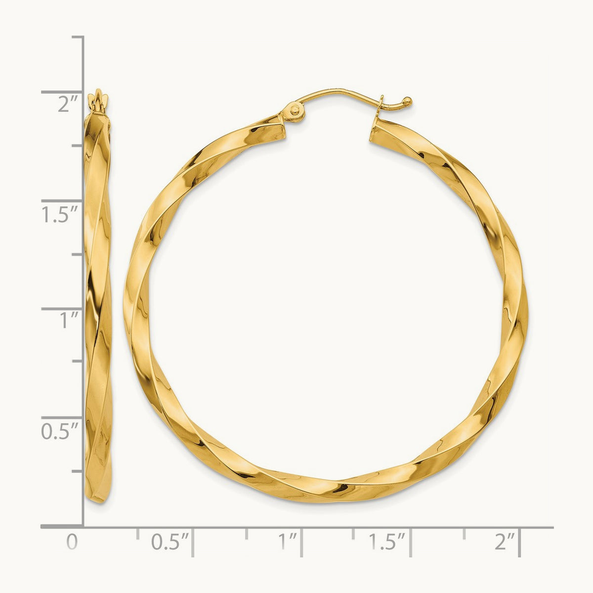 Square Tube Twisted Hoop Earrings — 14K Yellow Gold, 45mm, 3mm