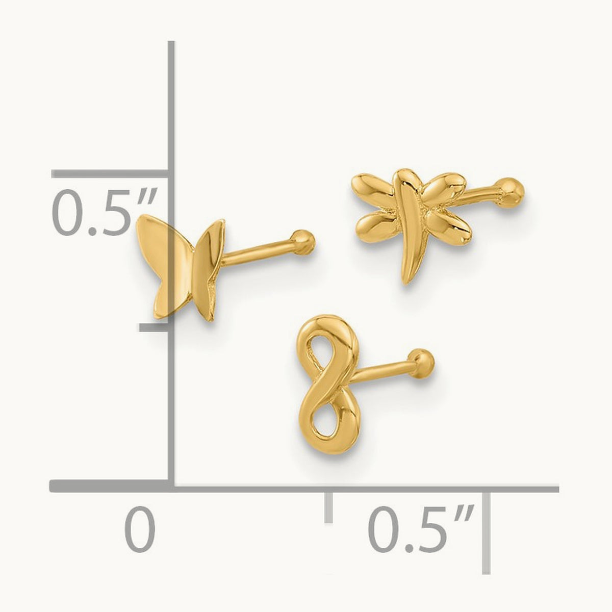22 Gauge Polished Infinity Symbol, Dragonfly and Butterfly Nose Stud, 14K