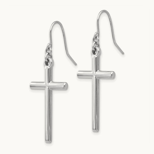 Hollow Cross Dangle Earrings, 14K White Gold