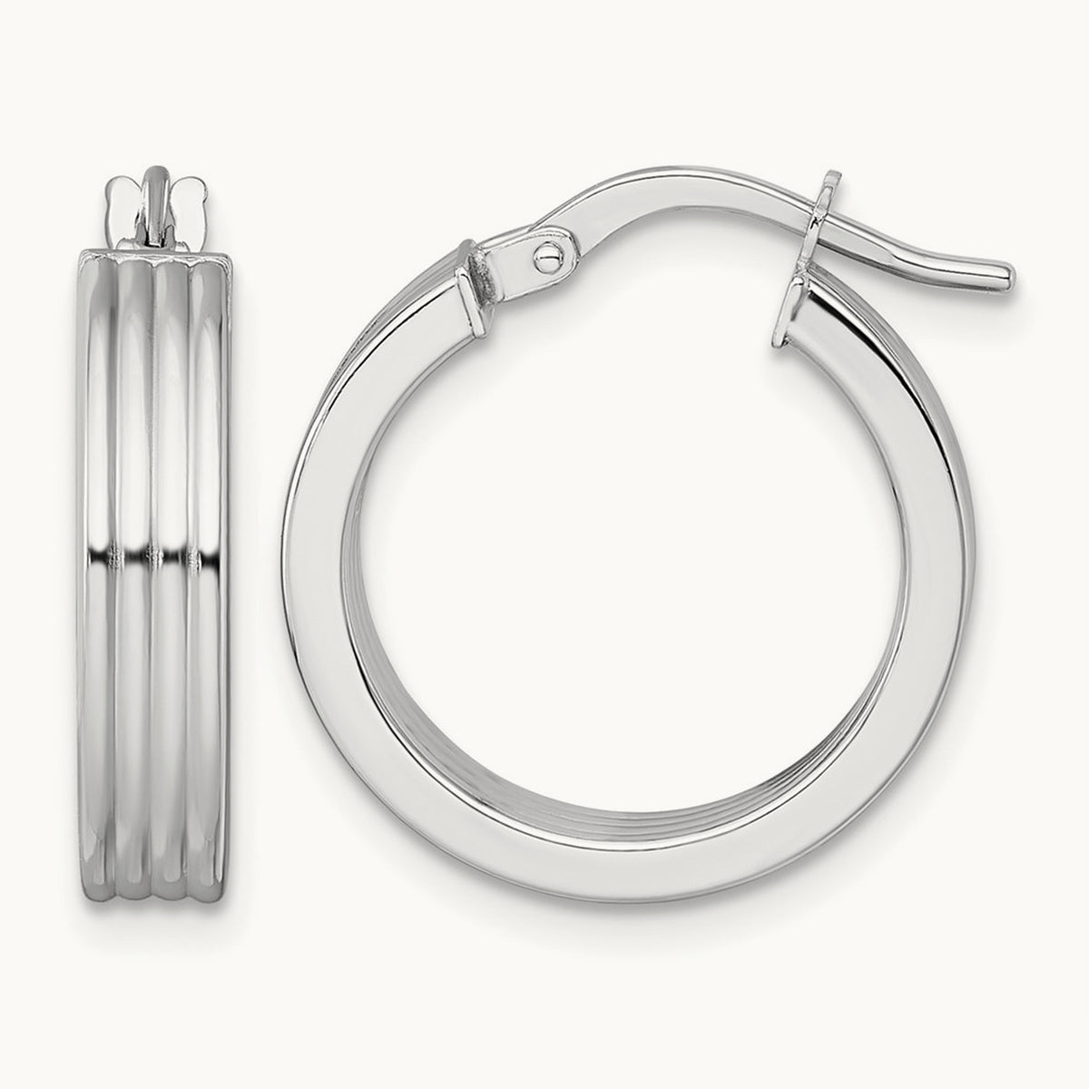 Polished Grooved Hoop Earrings — 14K White Gold, 20mm