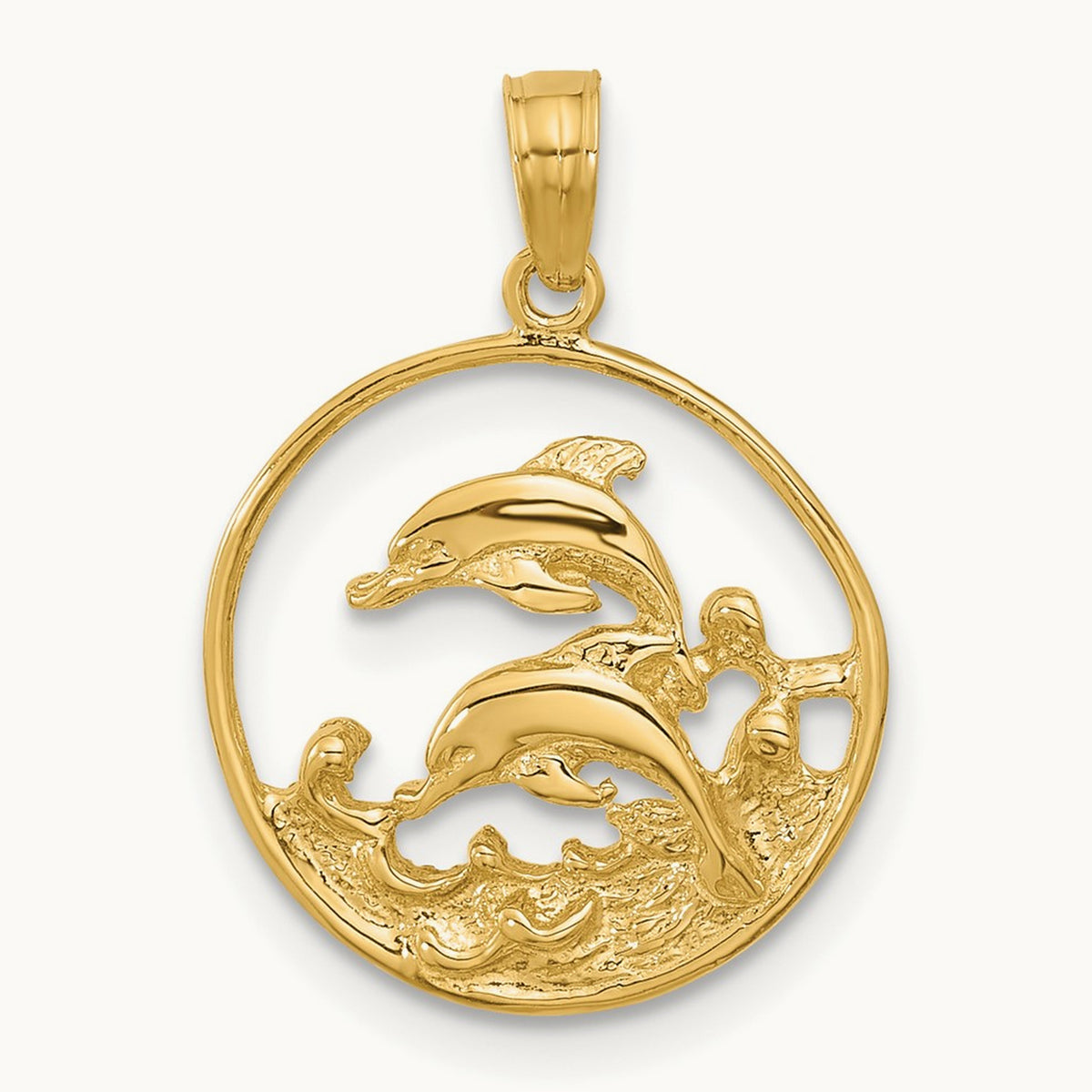 Double Dolphin Circle Pendant — 14K Yellow Gold