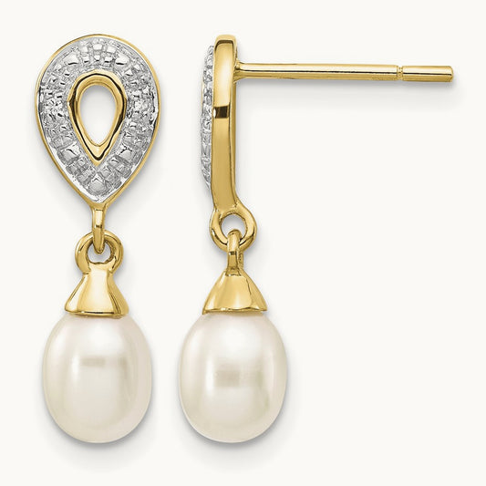 7x5mm White Teardrop FWC Pearl .01ct Diamond Dangle Earrings, 14K