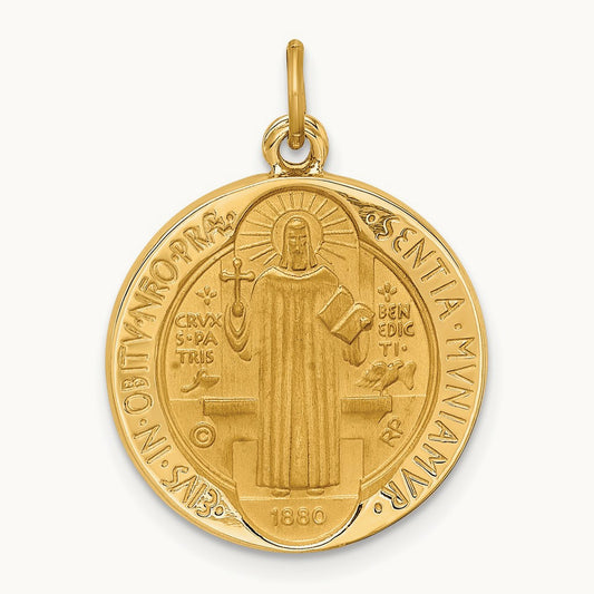 Solid Polished/Satin Round Reversible St. Benedict Medal, 14K