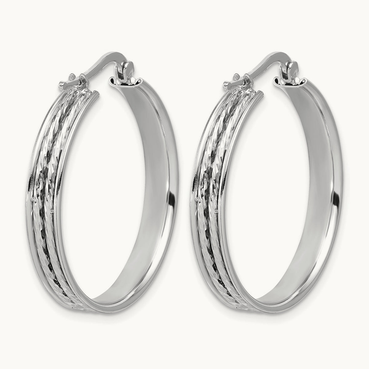 Rhodium-plated Polished and Diamond-cut Round Hoop Earrings — 31x5mm