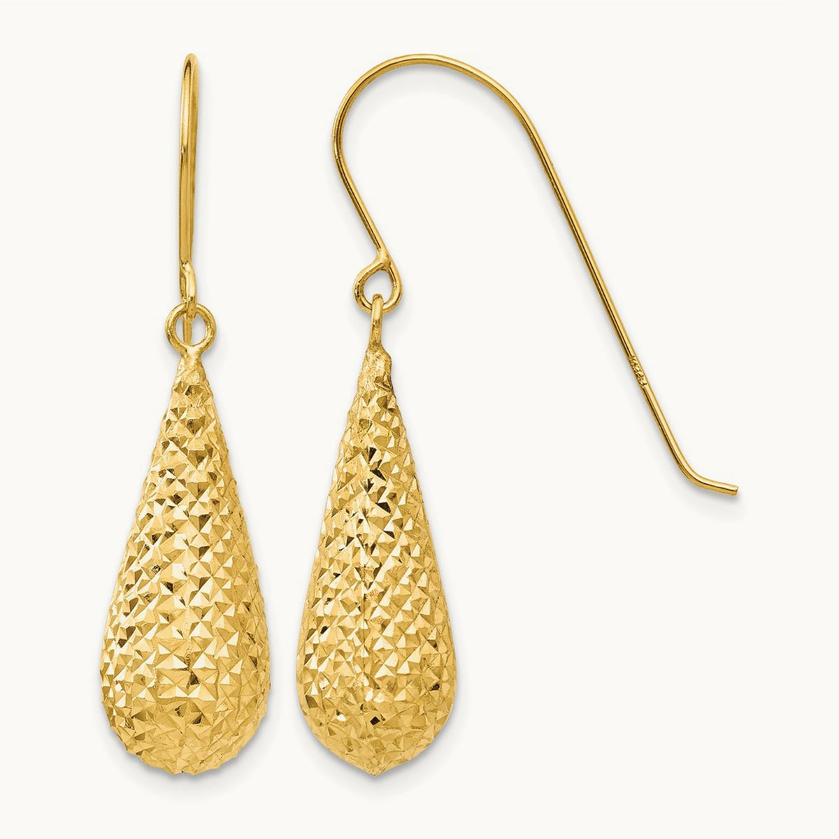 Diamond Cut Puff Tear Drop Dangle Earrings — 14K Yellow Gold
