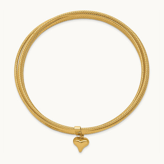 w/ Dangle Heart Oversized Slip-on Set of 7 Textured Bangles, 14K