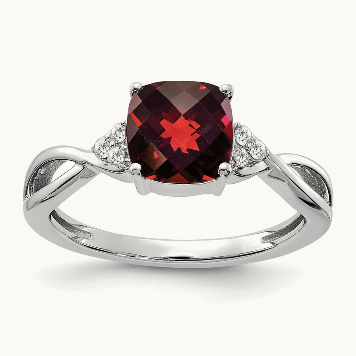 Checkerboard Garnet and Diamond Ring — 14K White Gold, 7