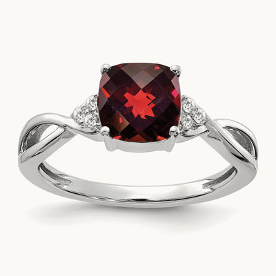 Checkerboard Garnet and Diamond Ring — 14K White Gold, 7