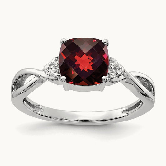 Checkerboard Garnet and Diamond Ring — 14K White Gold, 7